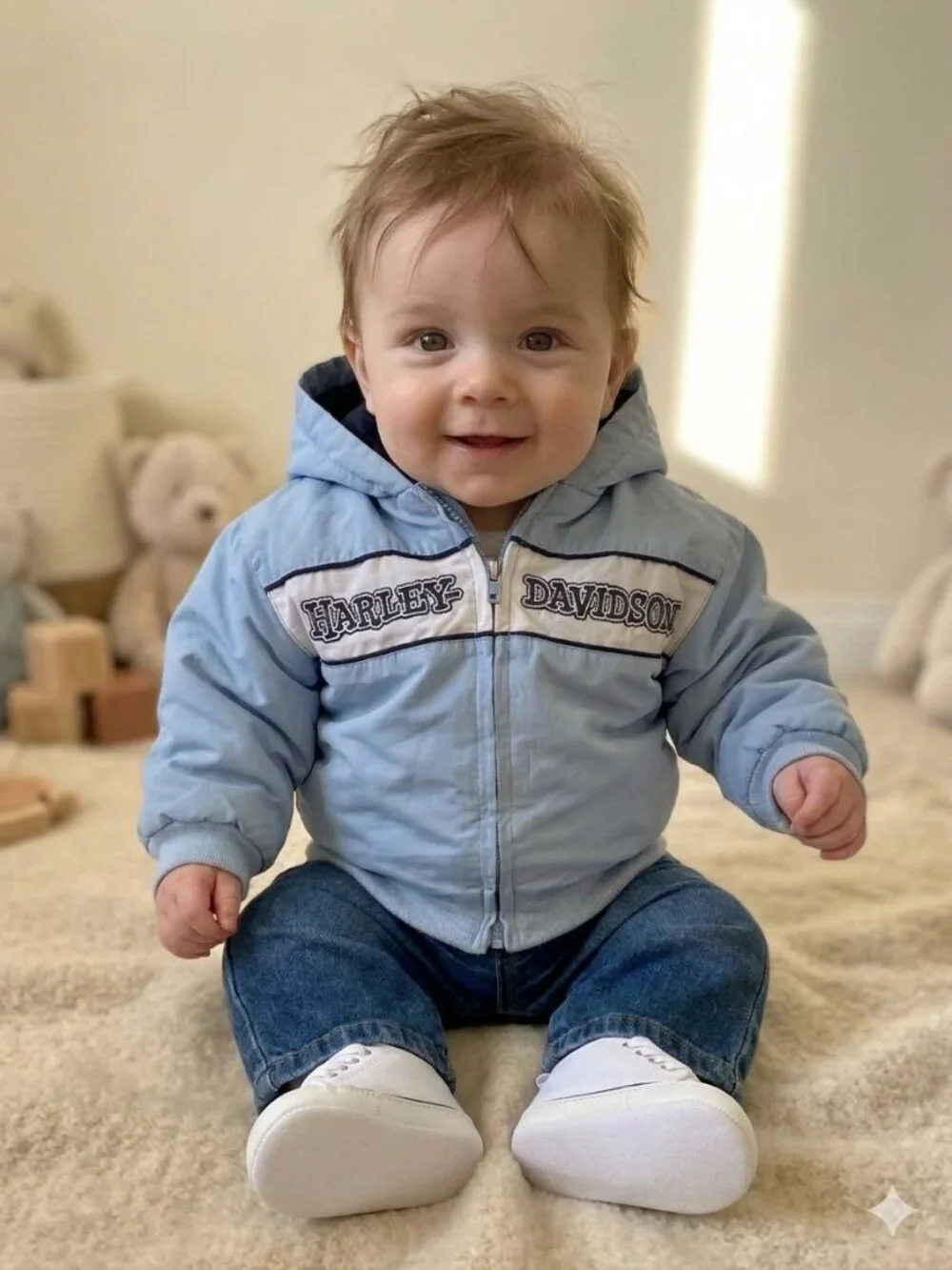 Vintage Harley-Davidson Baby Boy Light Blue Hooded Lightweight Jacket 6/9M
